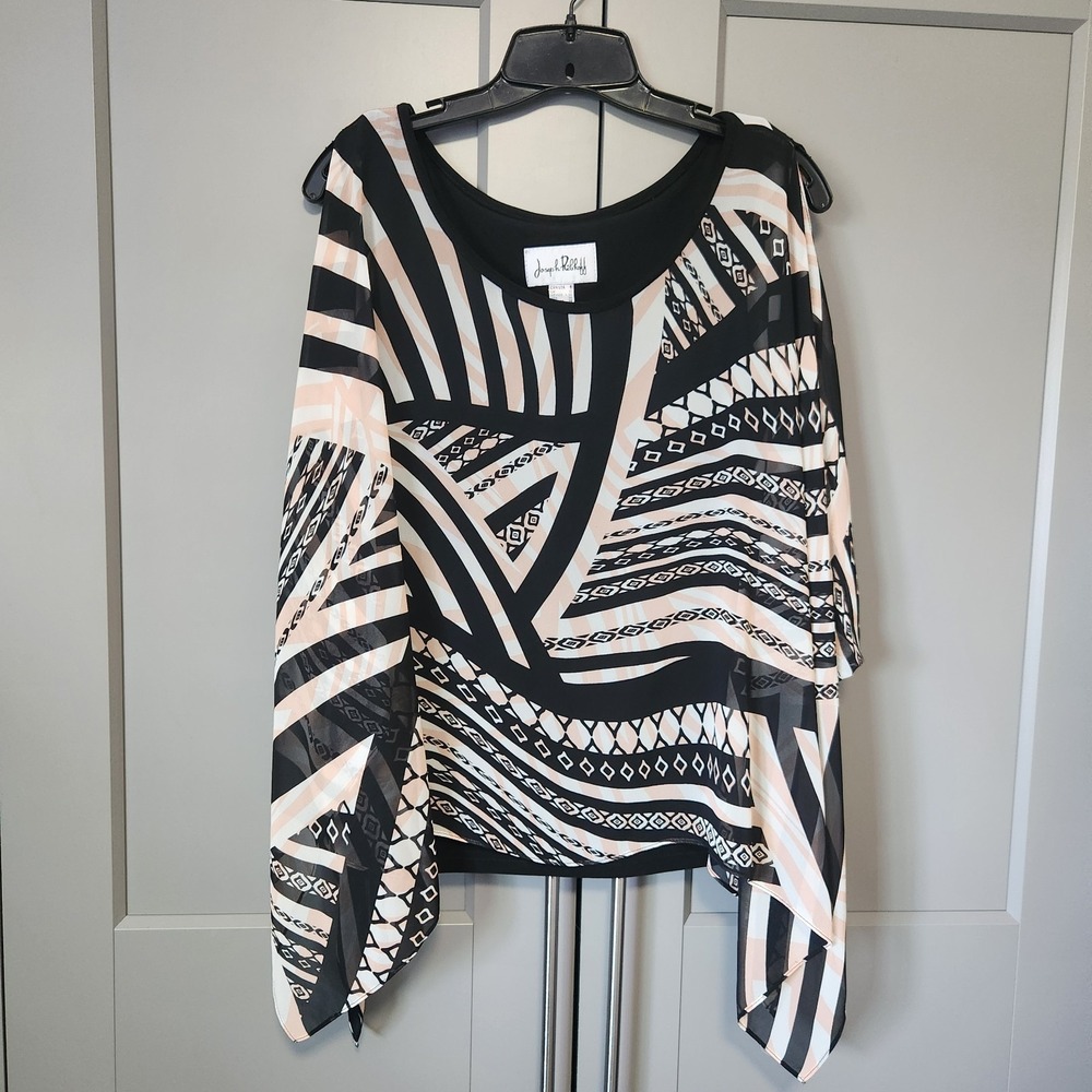 Joseph Ribkoff Cold Shoulder Poncho Top 6 Black Pink Geometric Sheer Overlay